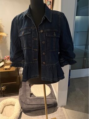 cinq a sept delanie medium wash denim jacket peplum puff sleeves medium